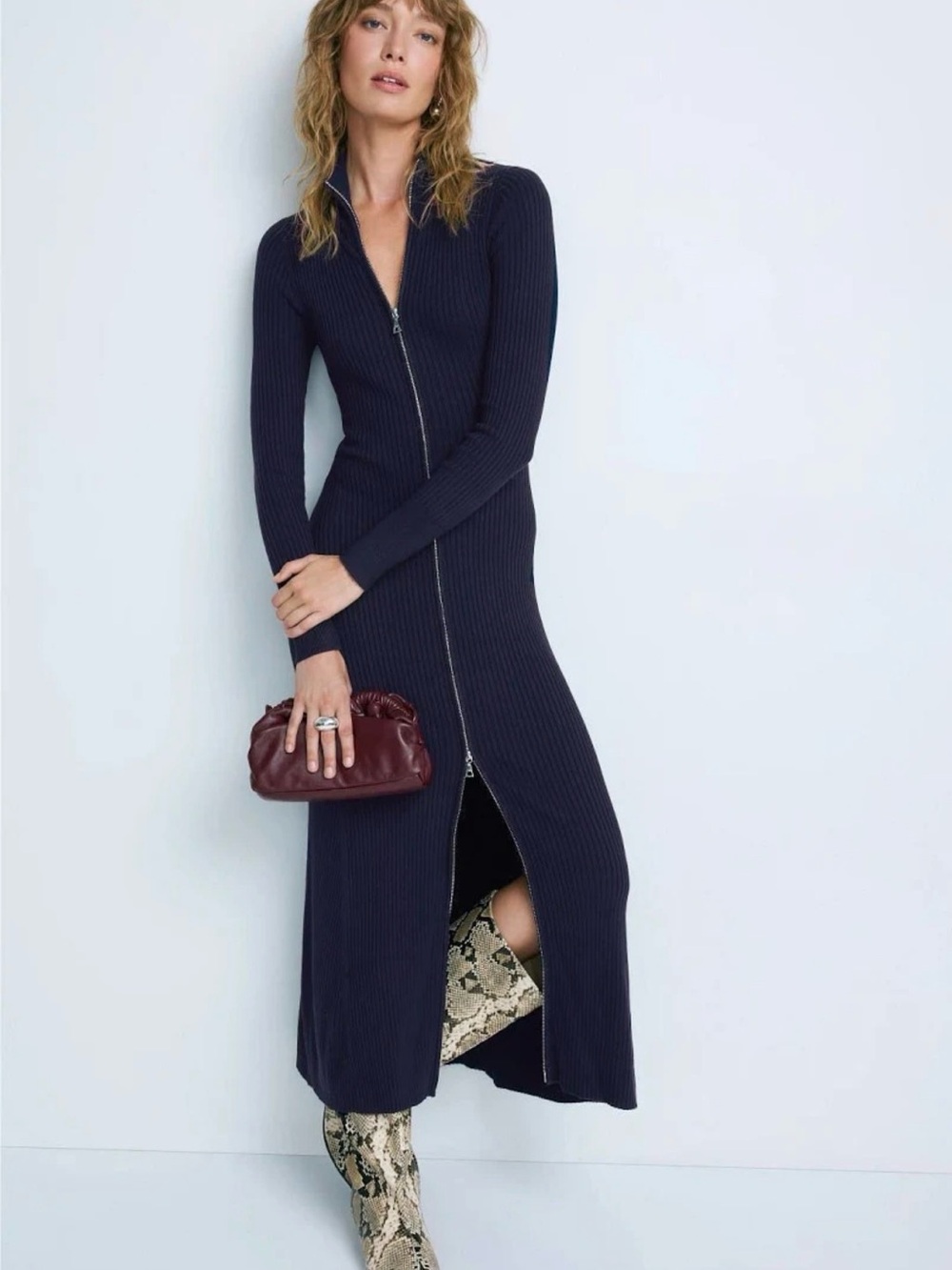 Modern Citizen Janne Ribbed Two-Way Zip Sweater Dress Navy Small